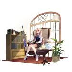  1girl absurdres artist_request black_skirt blonde_hair blue_eyes bookshelf chair character_request collared_shirt counter:side cup hairband highres indoors knees_together_feet_apart lamp long_sleeves looking_at_viewer necktie official_art on_chair parted_lips plant potted_plant saucer shirt shoes sitting skirt socks solo sword teacup teapot transparent_background weapon white_footwear white_hairband white_legwear white_shirt window wooden_table 