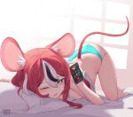  1girl absurdres animal_ears bangs black_hair calling cellphone hakos_baelz highres hololive hololive_english long_hair mouse_ears mouse_girl mouse_tail multicolored_hair namiorii one_eye_closed phone pillow red_hair solo streaked_hair tail underwear virtual_youtuber white_hair 