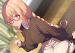  1girl absurdres ahoge bangs blush bow braid breasts ear_picking glasses go-1 hair_bow highres holding large_breasts long_hair long_sleeves looking_at_viewer mimikaki original parted_lips red_eyes seiza sitting skirt solo 