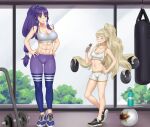  abs altina_(fire_emblem) bangs barbell bike_shorts blonde_hair blue_eyes blue_hair bottle breasts dumbbell eating eitri_(fire_emblem) fire_emblem fire_emblem:_radiant_dawn fire_emblem_heroes gym highres holding igni_tion long_hair medium_breasts multiple_girls navel orb prehensile_hair protein_bar punching_bag sports_bra sweat toned tray very_long_hair water_bottle wavy_hair 