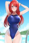  1girl ass_visible_through_thighs blue_eyes blue_sky blue_swimsuit breasts clash_kuro_neko cloud commentary_request competition_swimsuit cowboy_shot day highleg highleg_swimsuit highres large_breasts long_hair one-piece_swimsuit original outdoors pool_ladder red_hair sky solo swimsuit 