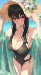  1girl armpits arms_up black_hair black_swimsuit blurry blurry_background blush breasts cleavage cross-laced_clothes cross-laced_swimsuit green_shawl hands_on_headwear hat highres jewelry large_breasts looking_at_viewer necklace one-piece_swimsuit outdoors pearl_necklace red_eyes see-through_shawl shawl solar_(happymonk) solo spy_x_family straw_hat swimsuit yor_briar 