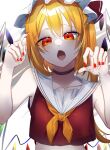 1girl bangs bare_shoulders black_choker blonde_hair choker collarbone commentary_request crop_top crystal eringi_(rmrafrn) fangs flandre_scarlet hair_between_eyes hands_up hat highres long_hair looking_at_viewer mob_cap nail_polish neckerchief one_side_up open_mouth orange_neckerchief red_eyes red_nails red_shirt sailor_collar shirt sleeveless sleeveless_shirt solo touhou very_long_hair white_headwear white_sailor_collar wings 
