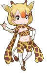  1girl animal_costume animal_ear_fluff animal_ears black_eyes eyeshadow game_cg giraffe_costume giraffe_ears giraffe_girl giraffe_horns giraffe_print giraffe_tail highres horns juuou_giraffe_(kemono_friends) kemono_friends kneehighs looking_at_viewer makeup multicolored_hair official_art scarf shoes short_hair shorts solo standing tachi-e tail transparent_background yoshizaki_mine 