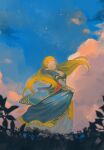  1girl blonde_hair blue_dress closed_eyes clothes_lift cloud dress dress_lift floating_hair hair_behind_ear leaf long_hair pointy_ears princess_zelda rain_rkgk sky smile solo the_legend_of_zelda the_legend_of_zelda:_breath_of_the_wild very_long_hair 