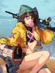  1girl assault_rifle beach beanie bikini black_gloves blue_sky breasts bubble_blowing cleavage glasses gloves gun hat highres holding holding_gun holding_weapon jacket killjoy_(valorant) long_hair long_sleeves looking_at_viewer navel outdoors partially_fingerless_gloves rifle sentry sky solo strawbericka swimsuit valorant water weapon yellow_jacket 