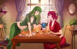  2girls blue_eyes blush breasts dress fire_emblem fire_emblem:_mystery_of_the_emblem food green_eyes green_hair headband long_hair looking_at_another meziosaur minerva_(fire_emblem) multiple_girls navel open_mouth pajamas palla_(fire_emblem) red_eyes red_hair short_hair smile yuri 