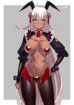  1girl absurdres ahoge animal_ears bangs black_bow bow breasts bridal_gauntlets brown_legwear covered_nipples dark-skinned_female dark_skin fake_animal_ears fate/grand_order fate_(series) hair_bow half_updo heart_maebari heart_pasties highres koha-ace kurozawa_yui large_breasts long_hair long_sleeves looking_at_viewer meme_attire navel okita_souji_(fate) okita_souji_alter_(fate) pasties rabbit_ears revealing_clothes reverse_bunnysuit reverse_outfit shrug_(clothing) solo tassel very_long_hair white_hair wrist_cuffs yellow_eyes 