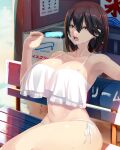  1girl armpits bare_shoulders bench bikini black_hair breasts cleavage food highres large_breasts looking_at_viewer medium_hair navel open_mouth original popsicle shiki_(psychedelic_g2) sitting solo swimsuit teeth wet white_bikini yellow_eyes 