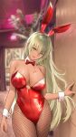  1girl animal_ears arm_at_side arm_support bare_arms bare_shoulders blonde_hair blurry blurry_background breasts commentary commission cowboy_shot depth_of_field english_text fake_animal_ears fire_emblem fire_emblem_heroes fishnet_legwear fishnets hair_between_eyes highleg highleg_leotard highres igrene_(fire_emblem) indoors large_breasts legs_together leotard lipstick_mark long_hair looking_at_viewer mixed-language_commentary mole mole_under_eye pantyhose playboy_bunny rabbit_ears red_leotard shizuko_hideyoshi smile standing strapless strapless_leotard wrist_cuffs yellow_eyes 