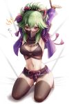  1girl anger_vein armpits arms_up black_legwear black_mask bound bound_wrists breasts cleavage commentary_request crop_top cropped_jacket doyamona genshin_impact green_hair hair_between_eyes hair_ornament highres jacket kneeling kuki_shinobu long_hair looking_at_viewer mask midriff mouth_mask navel open_clothes open_jacket paid_reward_available ponytail purple_eyes purple_jacket restrained revision short_shorts shorts solo thighhighs thighs 