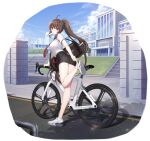  1girl absurdres ahoge artist_request bangs bicycle black_skirt brown_hair character_request counter:side day foot_up ground_vehicle highres long_hair looking_at_viewer mouth_hold official_art outdoors pencil_skirt ponytail red_eyes shirt shoes short_sleeves skirt socks solo standing standing_on_one_leg transparent_background white_legwear white_shirt 