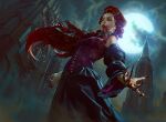  1girl akreon architecture blood blood_on_face blood_on_hands breasts dress fingernails full_moon gothic_architecture jewelry long_fingernails long_hair looking_at_viewer magic:_the_gathering moon night night_sky red_eyes red_hair sky solo vampire 