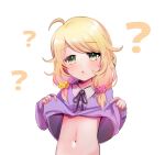  1girl :o ? ahoge blonde_hair blush clothes_lift dodotsuki dress dress_lift green_eyes highres idolmaster idolmaster_cinderella_girls lifted_by_self looking_at_viewer navel neck_ribbon purple_dress ribbon simple_background solo twintails upper_body white_background yusa_kozue 