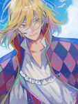  1boy bishounen blonde_hair blue_eyes blue_sky cloud earrings highres howl_(howl_no_ugoku_shiro) howl_no_ugoku_shiro jewelry lips ponn_mame sky solo studio_ghibli 