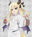 1girl :d bag bangs black_ribbon black_wings blonde_hair blush cup disposable_cup dragon_girl dragon_horns dragon_tail dragon_wings drink earrings green_eyes grey_background grey_shirt hair_between_eyes hair_ribbon handbag hands_up holding holding_cup horns houndstooth houndstooth_background ice ice_cube indie_virtual_youtuber jacket jewelry long_hair looking_at_viewer low_wings mauve nivr_(vtuber) one_side_up open_clothes open_jacket pointy_ears print_jacket print_skirt ribbon shirt skirt smile solo spiked_tail tail turtleneck v-shaped_eyebrows very_long_hair virtual_youtuber wings 