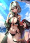  :d bare_shoulders beach bikini blush braid breasts choker cleavage ear_piercing earrings finger_to_mouth highres hololive jacket jacket_partially_removed jewelry large_breasts looking_at_viewer multicolored_hair navel open_mouth osechi_(pixiv56606477) piercing puffy_sleeves rainbow red_eyes sakamata_chloe side-tie_bikini smile streaked_hair sunlight swimsuit thick_thighs thigh_gap thigh_strap thighs virtual_youtuber white_hair 
