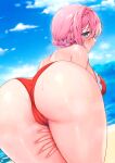  1girl ass ayomo_ro bangs bare_shoulders blue_eyes blush braid breasts cameltoe hair_between_eyes highres huge_ass large_breasts looking_at_viewer looking_back navel open_mouth pink_hair princess_connect! short_hair solo sweat swimsuit yui_(princess_connect!) 