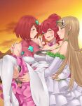  3girls anna_(fire_emblem) bangs bare_shoulders blonde_hair blush breasts bride bride_(fire_emblem) carrying carrying_person cleavage dress earrings fire_emblem flower gloves highres igni_tion jewelry lipstick_mark long_hair multiple_girls mythra_(xenoblade) open_mouth ponytail pyra_(xenoblade) red_eyes red_hair short_hair smile swept_bangs tiara very_long_hair wedding_dress white_dress wife_and_wife_and_wife xenoblade_chronicles_(series) xenoblade_chronicles_1 xenoblade_chronicles_2 yellow_eyes yuri 