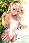  1girl absurdres altera_(fate) bangs bare_shoulders body_markings breasts closed_mouth collarbone covered_navel dark-skinned_female dark_skin fate/extella fate/extra fate_(series) grass highleg highleg_swimsuit highres leaf looking_at_viewer medium_breasts one-piece_swimsuit red_eyes short_hair swimsuit the0neulost thighs veil wading water wet white_hair white_swimsuit 