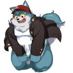 2022 5_fingers anthro belly black_nose blue_body blush bulge canid canine clothing dokyudokyu1 ears_up fingers hat headgear headwear hi_res humanoid_hands kemono male mammal overweight overweight_male shirt simple_background solo teeth tongue topwear white_background 