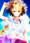  1boy adjusting_clothes adjusting_headwear aether_(genshin_impact) ahoge alternate_costume androgynous blonde_hair blush bow braid cloud cloudy_sky day flower genshin_impact hair_bow hair_flower hair_ornament hairclip hat hibiscus highres hinachun_00 inflatable_raft long_hair looking_at_viewer male_focus navel open_clothes open_shorts outdoors parted_lips red_flower see-through see-through_shirt shirt short_sleeves shorts single_braid sky straw_hat sun_hat sunflower t-shirt wet wet_clothes wet_shirt white_bow white_shirt x_hair_ornament yellow_eyes yellow_flower 