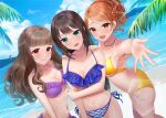  3girls armpits beach bikini blue_sky blush breasts cleavage collarbone frilled_bikini frills hand_on_another&#039;s_shoulder highres hojo_karen idolmaster idolmaster_cinderella_girls idolmaster_cinderella_girls_starlight_stage kamiya_nao looking_at_viewer medium_breasts multiple_girls navel outdoors palm_tree sakura_ran shibuya_rin sky smile swimsuit tree triad_primus_(idolmaster) wavy_hair 