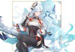  1girl armor bodystocking bodysuit braid braided_ponytail breast_curtains breasts eminya_27 genshin_impact grey_eyes hair_ornament highres large_breasts looking_at_viewer mirror_image one_eye_covered puffy_sleeves shenhe_(genshin_impact) shoulder_armor sitting solo thighs white_hair 