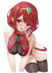  1girl absurdres bangs bare_shoulders black_legwear blush breasts chest_jewel collarbone competition_swimsuit earrings highleg highleg_swimsuit highres jewelry large_breasts looking_at_viewer one-piece_swimsuit open_mouth pyra_(xenoblade) red_eyes red_hair red_swimsuit shenqi_xiao_hong_zai_nali short_hair sidelocks simple_background smile solo swept_bangs swimsuit thighhighs thighs tiara white_background xenoblade_chronicles_(series) xenoblade_chronicles_2 