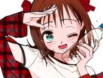  1girl ;d amami_haruka blush bottle brown_hair hair_ribbon idolmaster idolmaster_(classic) inhye jacket looking_at_viewer one_eye_closed plaid plaid_jacket portrait red_jacket red_ribbon ribbon salute simple_background smile solo sweat water_bottle white_background 