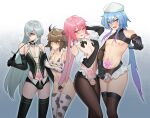  4boys :d alternate_hairstyle animal_print ansel_(arknights) arene_(arknights) arknights beret bison_(arknights) black_bow black_bowtie black_gloves black_legwear blue_eyes blue_hair blush bow bowtie bra brown_eyes brown_hair chastity_cage closed_mouth cow_print crossdressing elbow_gloves gins gloves green_eyes grey_hair hair_over_one_eye hat highres holding long_hair mizuki_(arknights) multiple_boys navel nipple_piercing nipples one_eye_closed open_mouth otoko_no_ko ox_ears ox_horns pantyhose penis piercing pink_eyes pink_hair small_penis smile tattoo testicles thighhighs tongue tongue_out underwear 