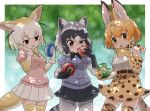  3girls :3 animal_ears black_bow black_bowtie black_skirt blonde_hair blue_sweater bow bowtie brown_eyes cat_ears cat_girl cat_tail common_raccoon_(kemono_friends) cowboy_shot eating elbow_gloves extra_ears fennec_(kemono_friends) food fox_ears fox_girl fox_tail frilled_skirt frills fur_collar fur_trim gloves grey_gloves grey_hair grey_legwear high-waist_skirt hoshino_mitsuki japari_bun japari_symbol kemono_friends kemono_friends_3 licking licking_finger multicolored_hair multiple_girls pantyhose pink_sweater pleated_skirt print_bow print_bowtie print_gloves print_legwear print_skirt puffy_short_sleeves puffy_sleeves raccoon_ears raccoon_girl raccoon_tail serval_(kemono_friends) serval_print shirt short_hair short_sleeves skirt sleeveless sweater tail thighhighs white_gloves white_hair white_shirt white_skirt yellow_bow yellow_bowtie yellow_eyes yellow_legwear zettai_ryouiki 