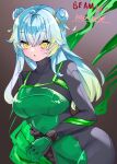  1girl :o bangs beam_(vtuber) blonde_hair blue_hair blush bodysuit breasts brown_background colored_tips cosplay double_bun english_commentary gloves green_bodysuit green_gloves hair_bun indie_virtual_youtuber long_hair medium_breasts multicolored_hair open_mouth solo valorant viper_(valorant) viper_(valorant)_(cosplay) virtual_youtuber yayoi_asuka yellow_eyes 