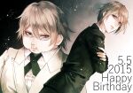  2boys bangs black_background black_jacket blonde_hair blue_eyes closed_mouth collared_shirt danganronpa:_trigger_happy_havoc danganronpa_(series) danganronpa_2:_goodbye_despair dated dress_shirt dutch_angle fat fat_man glasses gradient gradient_background grey_background hair_between_eyes happy_birthday jacket light_particles multiple_boys sakuyu shiny shiny_hair shirt togami_byakuya togami_byakuya_(danganronpa_2) upper_body white-framed_eyewear white_jacket white_shirt 