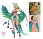  1girl animal_feet animal_hands animal_on_shoulder artist_name bare_shoulders bird bird_on_shoulder bird_tail breasts choker cleavage commentary english_commentary falling_petals feather_hair_ornament feathered_wings feathers green_feathers green_hair green_wings hair_ornament hand_on_hip harpy heart highres jewelry medium_breasts midriff mole mole_under_eye monster_girl multiple_views navel nipples noiretox nude original personification petals pointy_ears pussy skirt tail talons tan white_background winged_arms wings yellow_eyes 