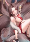  1girl akagi_(azur_lane) akagi_(ruby-laced_beauty)_(azur_lane) alcohol animal_ear_fluff animal_ears azur_lane bangs bare_arms bare_legs bare_shoulders black_choker black_footwear black_gloves blush breasts brown_hair brown_scarf brown_tail champagne champagne_flute choker cocktail_dress commentary_request cup dress drink drinking_glass eyebrows_behind_hair fingerless_gloves fox_ears fox_girl fox_tail from_side fur_scarf glint gloves head_tilt high_heels highres holding holding_cup kitsune knees_together_feet_apart kokugonochoko kyuubi large_breasts long_hair looking_at_viewer multiple_tails official_alternate_costume parted_lips red_dress red_eyes revealing_clothes scarf sideboob sidelocks sitting sleeveless sleeveless_dress smile solo tail teeth thighs very_long_hair 
