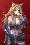 &gt;:( 1girl absurdres animal_ears arknights bangs bare_shoulders black_choker black_hairband black_jacket blonde_hair breasts choker commentary_request cowboy_shot crop_top green_eyes grey_tank_top gun hairband high_collar highres holding holding_gun holding_weapon horn_(arknights) jacket jewelry large_breasts long_hair looking_at_viewer midriff navel off_shoulder pendant qiyedefeishazhanji red_background rifle sniper_rifle solo standing stomach tank_top torn_clothes v-shaped_eyebrows weapon wolf_ears 