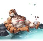  1boy abs absurdres alcohol bara beard biceps black_claws black_fur choko_(cup) claws cup eating facial_hair furry furry_male highres large_pectorals looking_to_the_side male_focus manly mature_male multicolored_fur muscular muscular_male onsen orange_fur original pectorals red_eyes rock sake scar scar_on_face selkiro simple_background solo teeth thick_arms thick_eyebrows tiger_boy tiger_stripes topless_male upper_body veins veiny_arms water white_background white_fur 