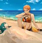  2girls beach bike_shorts bike_shorts_under_shorts bikini black_gloves black_shorts blue_eyes blue_hair blue_shorts blue_sky bracelet breasts buried byleth_(fire_emblem) byleth_(fire_emblem)_(female) cleavage closed_mouth clothes_around_waist cloud cloudy_sky day expressionless feet_out_of_frame fire_emblem fire_emblem:_three_houses fire_emblem_heroes gloves highres jacket jacket_around_waist jewelry knees_up leonie_pinelli long_hair looking_at_another medium_breasts multiple_girls necklace ocean official_alternate_costume orange_bikini orange_eyes orange_hair outdoors partially_fingerless_gloves sand shishima_eichi short_hair short_shorts shorts sitting sky swimsuit 