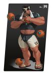  1boy abs ball bara bulge crop_top floating floating_object hairy headband highres looking_to_the_side male_focus manly mature_male muscular muscular_male original sandals shorts simple_background solo tangbingla thick_arms thick_thighs thighs tight towel towel_around_neck weapon 
