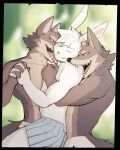  2022 anthro bite canid canine canis clothed clothing embrace eyes_closed fur grey_body grey_fur group half-closed_eyes hand_holding hi_res hug jrjresq lagomorph leporid looking_at_another looking_at_partner male male/male mammal multicolored_body multicolored_fur narrowed_eyes rabbit tongue tongue_out trio two_tone_body two_tone_fur underwear underwear_only white_body white_fur wolf 