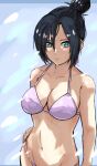  1girl apex_legends bangs bikini black_hair blue_eyes breasts cleavage collarbone hair_behind_ear hair_bun hand_on_hip highres looking_at_viewer medium_breasts navel nose_piercing parted_bangs piercing purple_bikini smile solo swimsuit tsuba_(tubaki89438490) wraith_(apex_legends) 