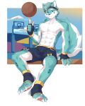  4_toes absurd_res anthro ball basket basketball_(ball) blue_body blue_fur canid canine claws clothed clothing container feet fur green_eyes hi_res joeyzliaotang male mammal paws soles solo toes white_body white_fur 