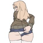  1girl blonde_hair blue_eyes clothing_aside cowboy_shot denim denim_shorts from_behind girls_und_panzer green_jacket h highres jacket kay_(girls_und_panzer) long_hair onsen_tamago_(hs_egg) panties saunders_military_uniform shorts shorts_aside simple_background solo thighhighs underwear white_background white_legwear white_panties 