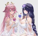  2girls alternate_costume animal_ears bangs bikini blunt_bangs braid braided_ponytail breasts cherry cleavage closed_mouth commentary cup detached_sleeves drink drinking drinking_straw drinking_straw_in_mouth earrings floppy_ears flower food fox_ears frills from_side fruit genshin_impact grey_background hair_between_eyes hair_flaps hair_flower hair_ornament halterneck holding holding_cup holding_drink holding_drinking_straw holding_straw ice_cream ice_cream_float jewelry large_breasts long_hair looking_at_viewer midriff multiple_girls o-ring o-ring_bikini pink_hair purple_eyes purple_hair raiden_shogun raiya_atelier ring sidelocks simple_background solo swimsuit white_bikini white_swimsuit yae_miko 