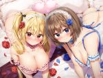  2girls all_fours arched_back ass babydoll bare_shoulders bed blonde_hair blue_eyes blue_flower blue_ribbon blush braid breasts brown_hair choker cleavage closed_mouth collarbone embarrassed flower frilled_babydoll frilled_choker frills frown hair_flower hair_ornament hair_ribbon headdress heart heart-shaped_pupils highres kuria_(clear_trip_second) large_breasts lingerie long_hair looking_at_viewer multiple_girls on_bed original panties petals pink_panties red_eyes red_flower ribbon rose short_hair skindentation smile strap_gap string_panties symbol-shaped_pupils twintails underwear underwear_only white_panties 