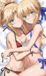  2girls artoria_pendragon_(fate) artoria_pendragon_(swimsuit_archer)_(fate) bangs bed_sheet bikini blonde_hair breasts closed_mouth commentary_request eyebrows_behind_hair fate/grand_order fate_(series) green_eyes highres hug long_hair looking_at_viewer medium_breasts mordred_(fate) mordred_(swimsuit_rider)_(fate) mother_and_daughter multiple_girls navel saber smile swimsuit tonee 