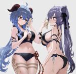  2girls :| ahoge arm_strap ass ass_visible_through_thighs bare_arms beads bikini black_bikini black_bow blue_hair blush bow breasts closed_mouth cone_hair_bun cowboy_shot double_bun flower flower_knot from_side ganyu_(genshin_impact) genshin_impact goat_horns grey_background hair_between_eyes hair_bun hair_ornament hair_ribbon hand_up highres holding horns keqing_(genshin_impact) large_breasts legs_together listening long_hair looking_to_the_side medium_breasts mole mole_on_breast multiple_girls navel purple_eyes raiya_atelier ribbon seashell shell sideboob sidelocks simple_background solo standing stomach swimsuit tassel thighs twintails very_long_hair white_flower 