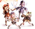  4girls absurdres ahoge aiming animal_ear_fluff animal_ears animal_print armguards arrow_(projectile) backpack bag bangs bangs_pinned_back bead_necklace beads black_gloves black_scarf black_shorts blunt_bangs book boots bow_(weapon) braid brown_footwear brown_gloves brown_scarf cabbie_hat cape cat_ears cat_girl cat_print cat_tail chinese_clothes claymore_(sword) clover_print coat coin_hair_ornament commentary_request detached_sleeves diona_(genshin_impact) dodoco_(genshin_impact) fighting_stance fingerless_gloves floating floating_object forehead full_body genshin_impact gloves greatsword green_eyes grey_hair hair_between_eyes hair_ornament hair_ribbon hat hat_feather hat_ornament highres holding holding_arrow holding_bow_(weapon) holding_sword holding_weapon japanese_clothes jewelry jiangshi klee_(genshin_impact) knee_boots kneehighs kuji-in kuma_piv leaf leaf_on_head light_brown_hair long_hair long_sleeves looking_afar looking_away low_ponytail low_twintails multiple_girls necklace ninja obi ofuda orange_eyes parted_lips paw_print pink_hair pocket pointy_ears puffy_detached_sleeves puffy_shorts puffy_sleeves purple_eyes purple_hair purple_shorts qing_guanmao qiqi_(genshin_impact) randoseru red_coat red_headwear ribbon sash sayu_(genshin_impact) scarf short_hair short_sleeves shorts sidelocks simple_background single_braid smile spread_legs standing standing_on_one_leg sword tail thick_eyebrows twintails vision_(genshin_impact) weapon white_background white_gloves white_legwear yin_yang zettai_ryouiki 