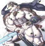 1boy abs bara biceps black_fur coat collared_coat dog_boy dust furry furry_male gauntlets headband highres horkeu_kamui large_pectorals looking_to_the_side male_focus manly mature_male miazuma_shouki multicolored_fur muscular muscular_male nipples open_mouth pectorals scabbard sharp_teeth sheath solo sword teeth thick_arms thick_thighs thighs tokyo_afterschool_summoners tongue weapon white_fur yellow_eyes 